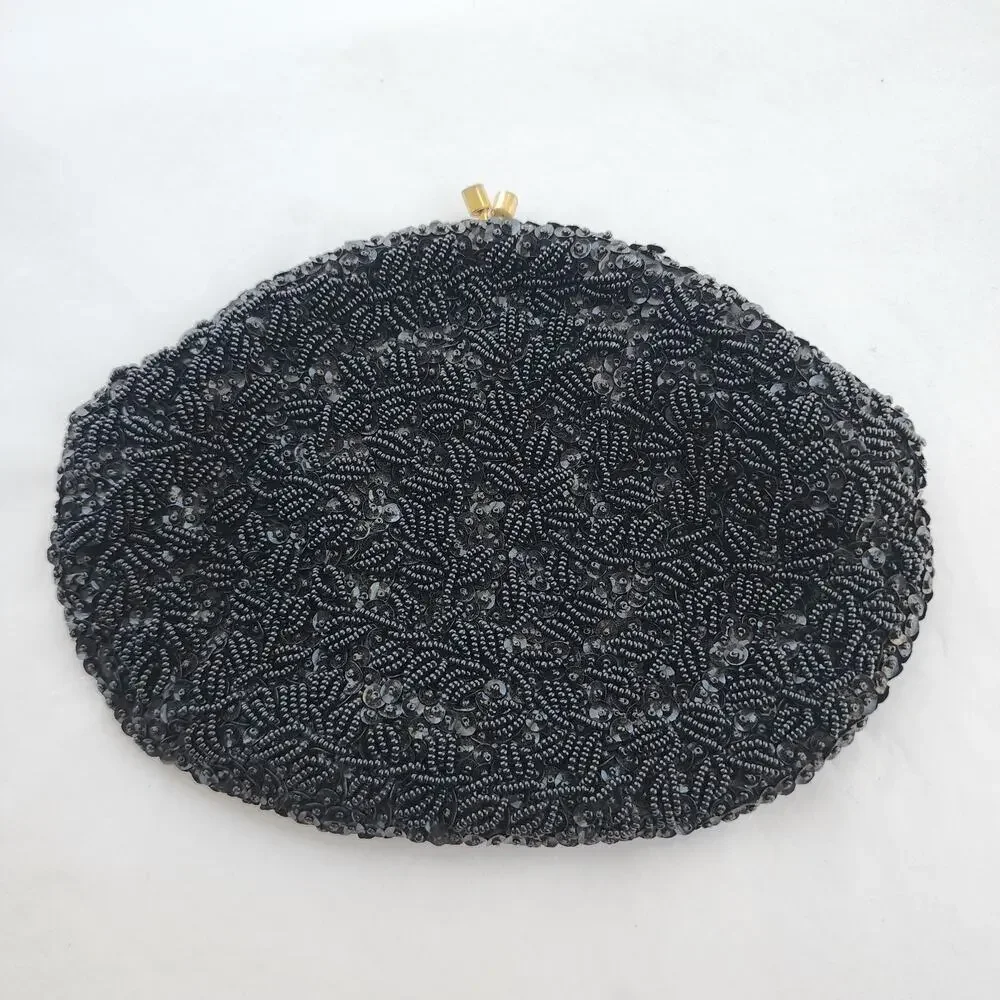 All Over Beaded Clutch Evening Bag Black Satin Vintage Handmade‎ In Hong Kong